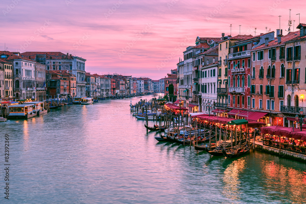 Sunset over Grand Canal from Rialto Bridge in Venice