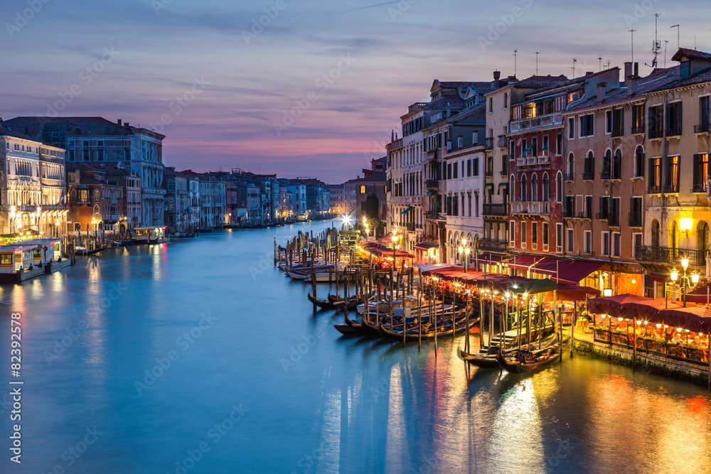 Grand Canal at night from Rialto Bridge in Venice, Italy
