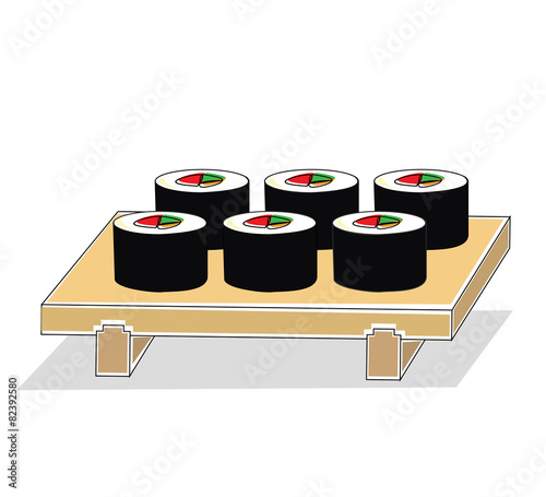 Vector of maki sushi roll on wooden sushi plate
