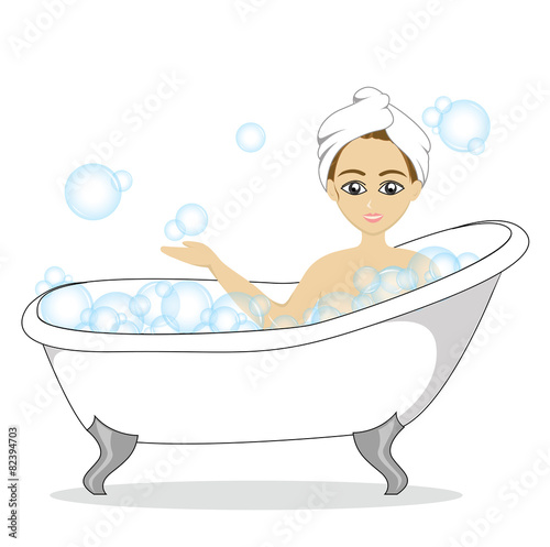 Vector of woman taking a bath in bathtub with bubble
