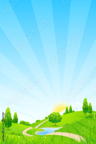 Green Landscape with Trees Lake and Road