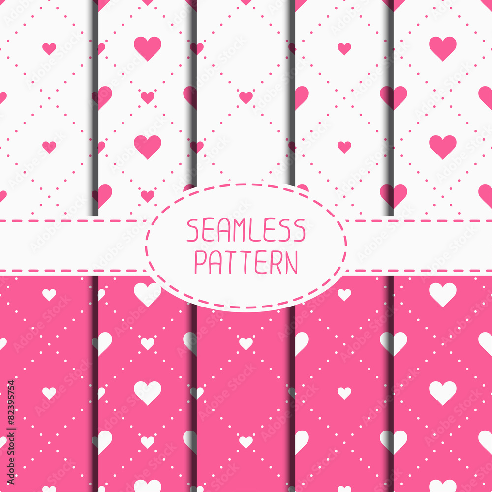 Set of pink romantic geometric seamless pattern with hearts