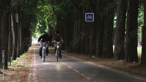 Wallpaper Mural couple riding bicycles down a tree lined street and kissing Torontodigital.ca