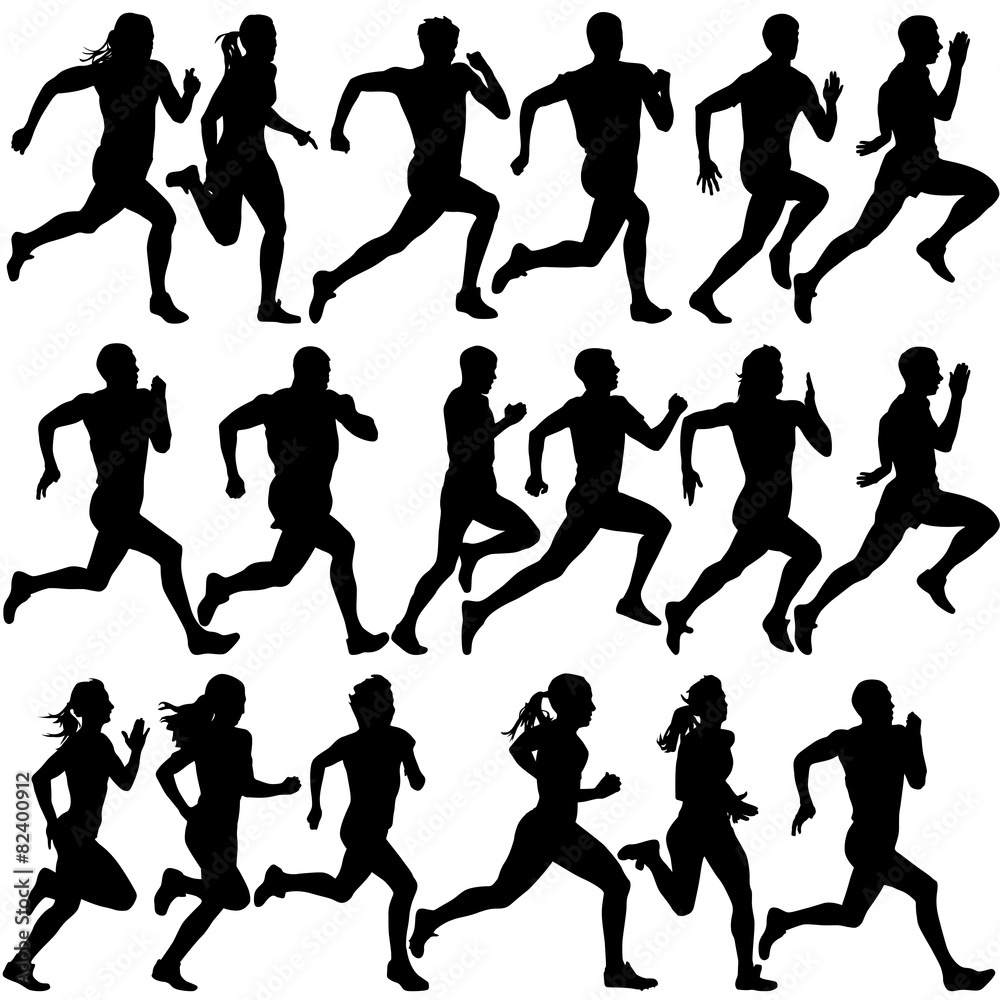 Set of silhouettes. Runners on sprint, men. vector illustration.