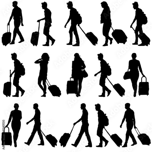 Black silhouettes travelers with suitcases on white background.