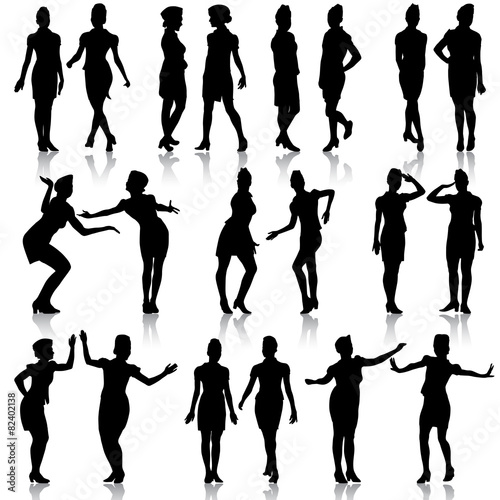 Black silhouettes of beautiful girls in stewardess forage caps o