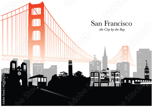 Vector illustration of skyline of San Francisco with fog