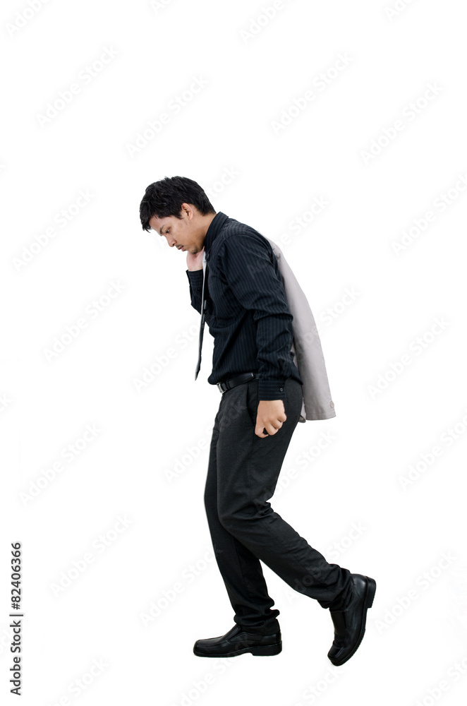 Businessman walking in failure action on white background. Businessman walking in failure action on white background.