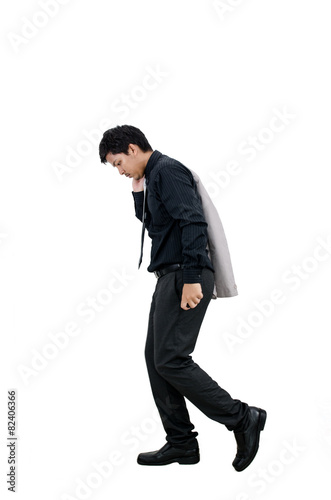 Businessman walking in failure action on white background.