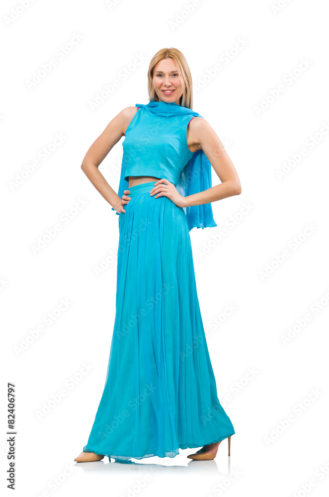 Young woman in gentle blue dress isolated on white
