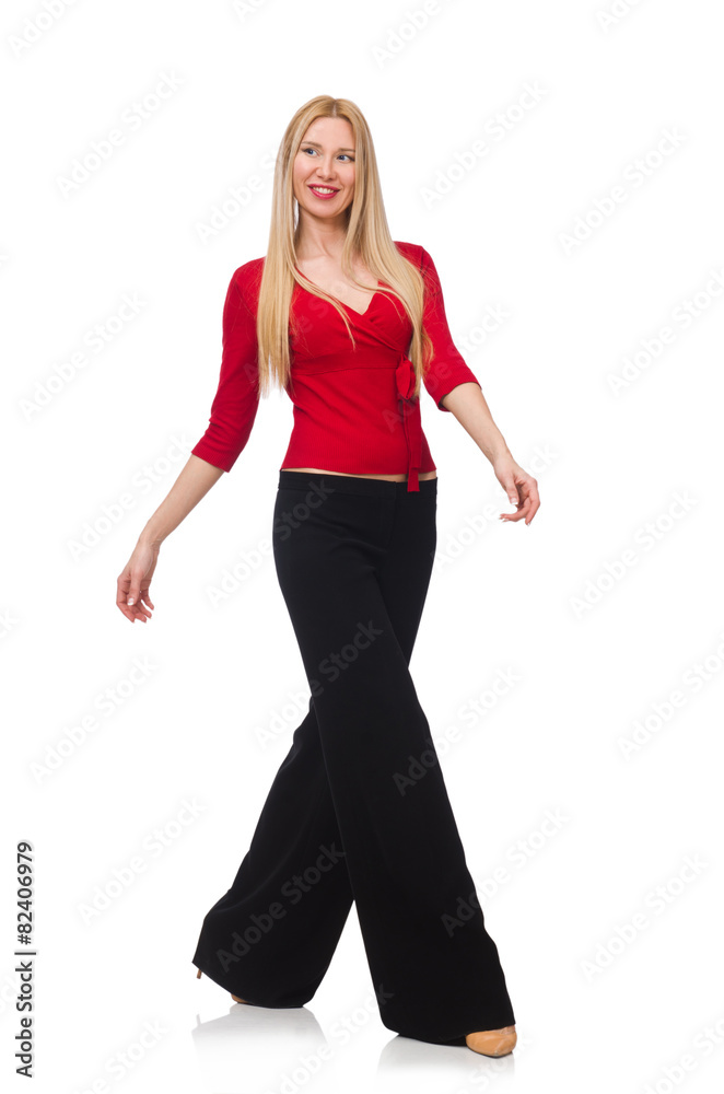 Young woman in flared pants isolated on white Young woman in flared pants isolated on white