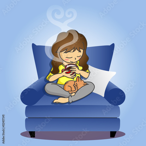 girl holding coffee cup with cat