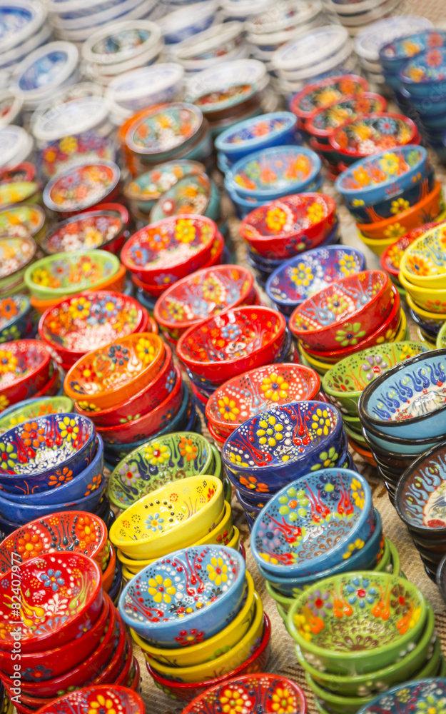 Hand Painted Turkish Bowls on Table at the Market