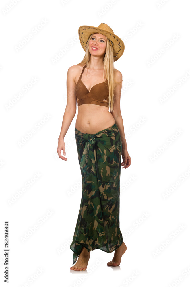 Woman wearing cowboy hat isolated on white Woman wearing cowboy hat isolated on white