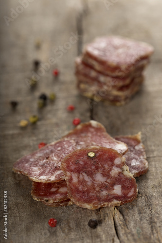 Salami on a wooden table