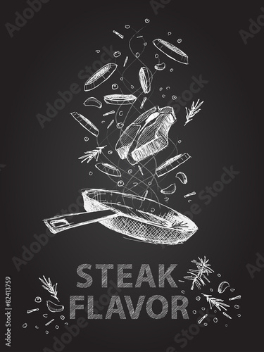 Steak flavor quotes illustration on chalkboard