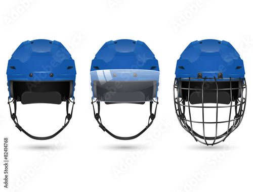 Blue hockey helmet in three varieties