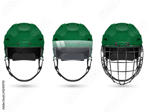 Green hockey helmet in three varieties