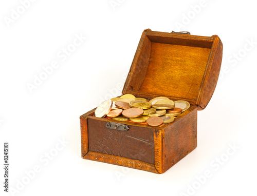 Open treasure chest with euro coins