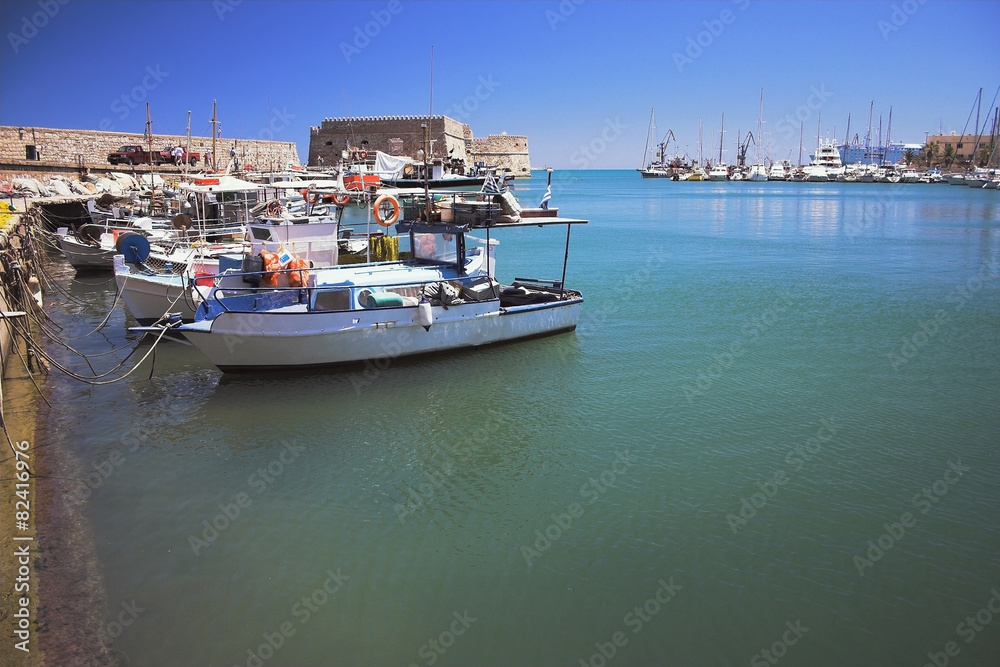 Fishing boats in venetian harbor. Iraklion, Crete, Greece