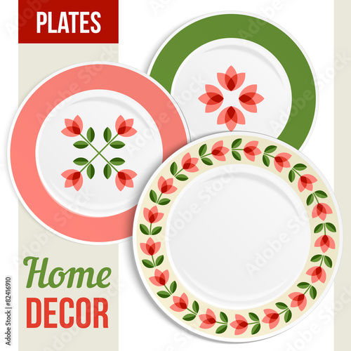Matching decorative plates set, round frame. Top view. 