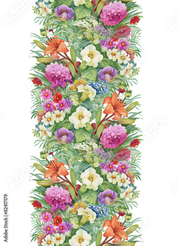 Floral Seamless Watercolor Pattern with Roses and Wildflowers