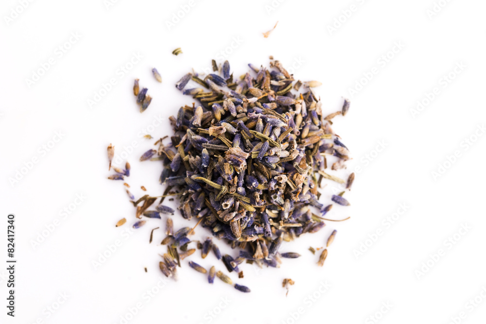 Fototapeta premium Lavender Herb Bud Flower tea Heap pile surface top view isolated