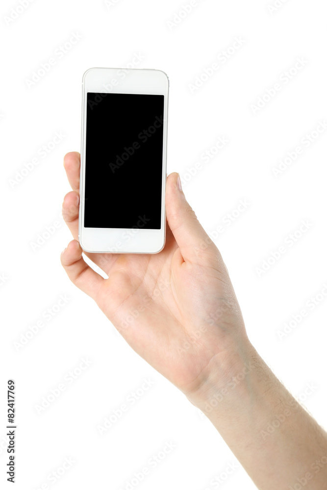 Hand holding mobile smart phone isolated on white Hand holding mobile smart phone isolated on white