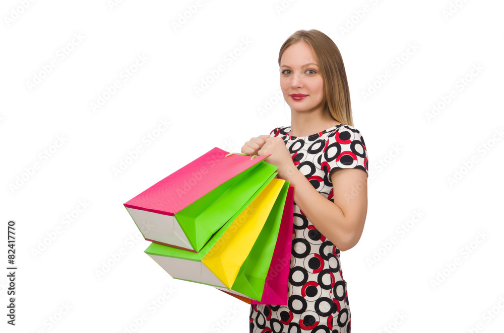 Young woman after shopping isolated on the white Young woman after shopping isolated on the white