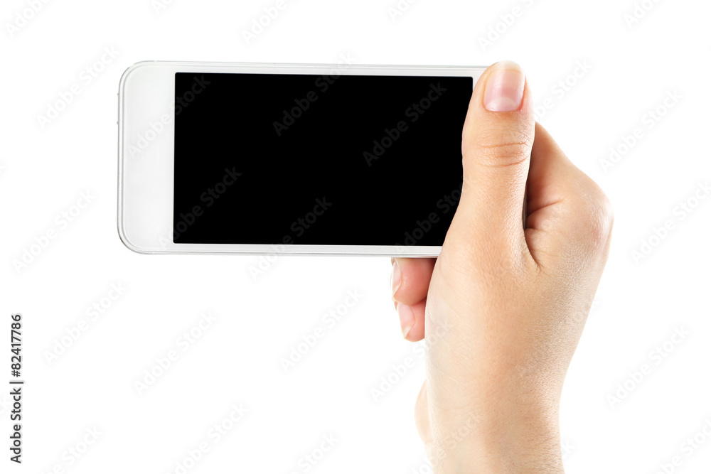 Hand holding mobile smart phone isolated on white Hand holding mobile smart phone isolated on white