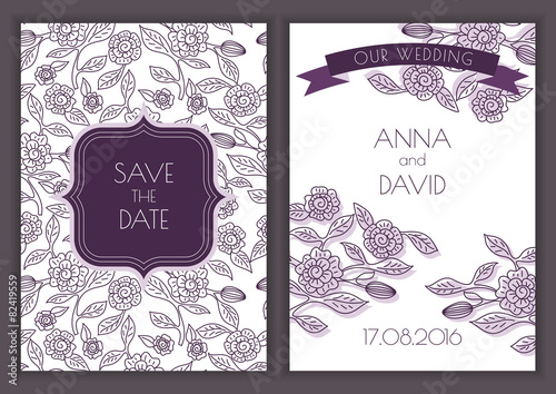 Vector retro card template with seamless line floral pattern bac