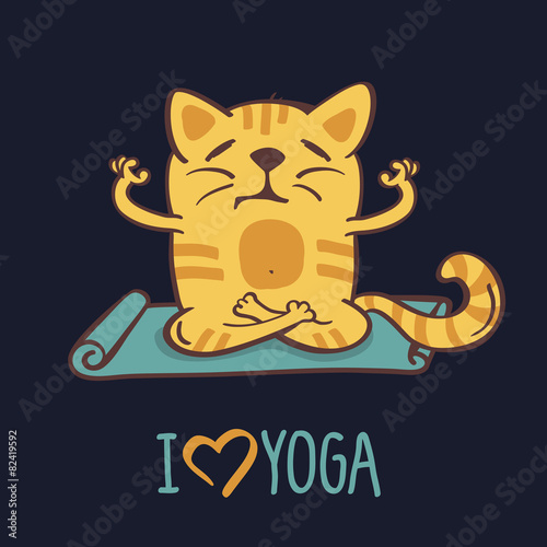 Red cartoon cat on blue mat in yoga position. Vector illustratio