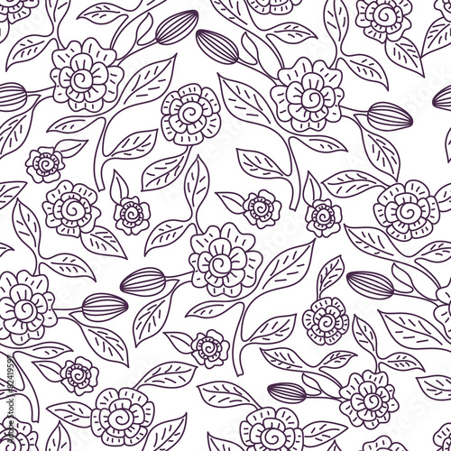 Vector seamless doodle pattern with decorative flowers. Hand dra