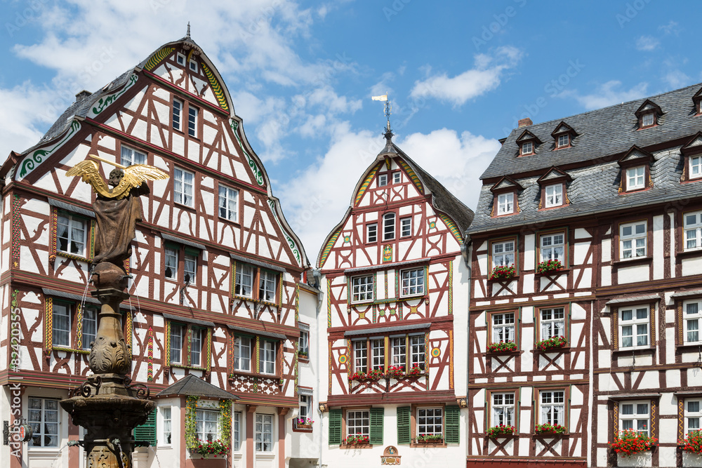Houses and statue in medieval Bernkastel, Germany