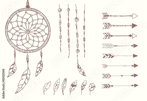 Hand drawn native american feathers, dream catcher, beads