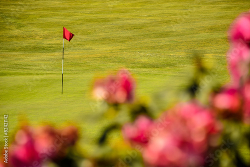 Golf green with red flag and red flowers