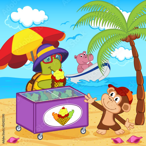 turtle sells ice cream on beach - vector illustration  eps