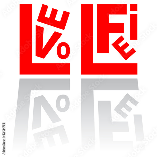 Love life, typographic vector image in red and grey