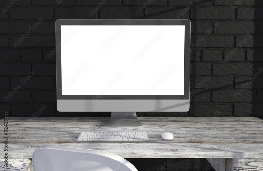 Fototapeta premium 3D illustration PC screen on table near brick wall Workspace