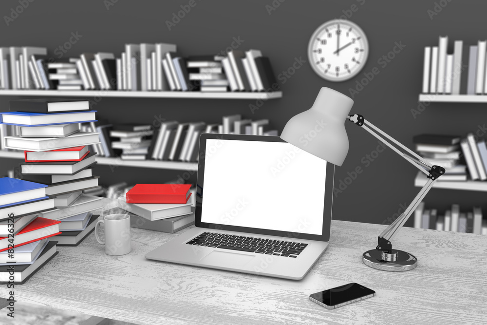 3D illustration laptop and books, Workspace 3D illustration laptop and books, Workspace