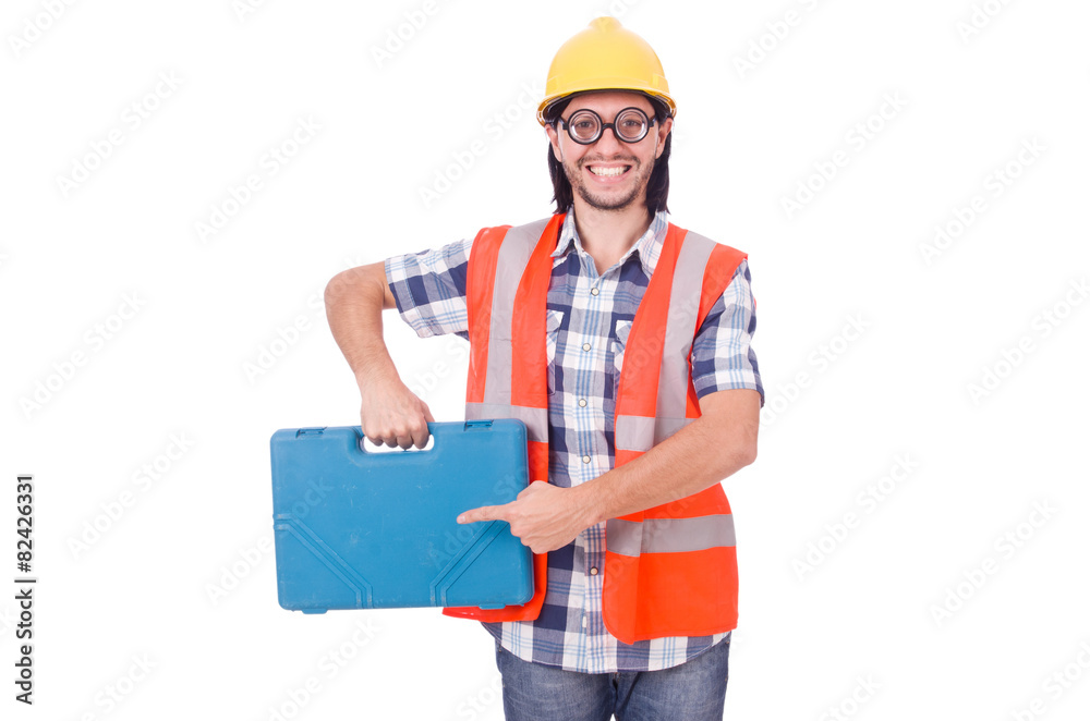 Funny young construction worker with toolbox isolated on white Funny young construction worker with toolbox isolated on white