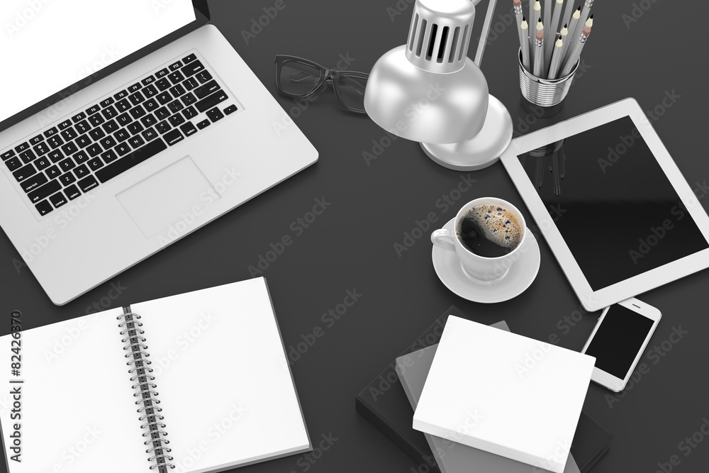laptop and office stuff, workplace, top view laptop and office stuff, workplace, top view