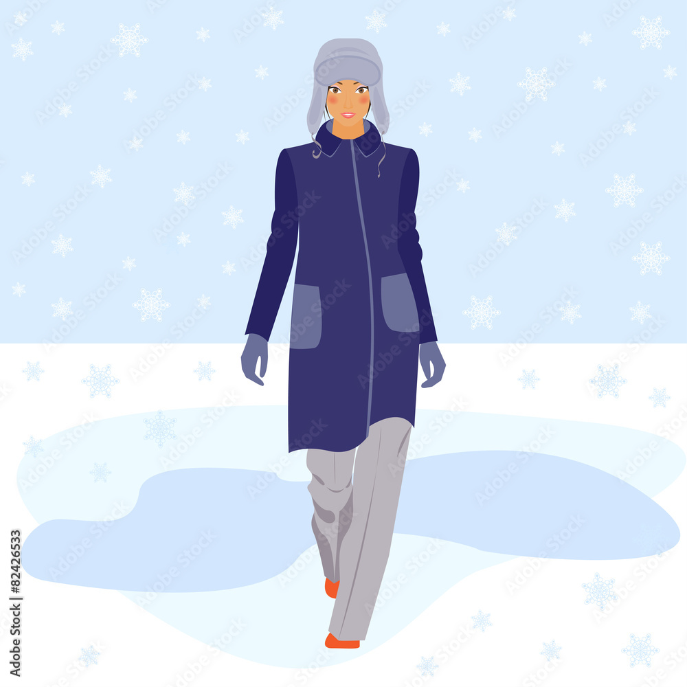 winter girl walking at the street winter girl walking at the street