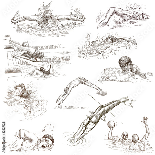 Swimming. Hand drawn collection. Original sketches.
