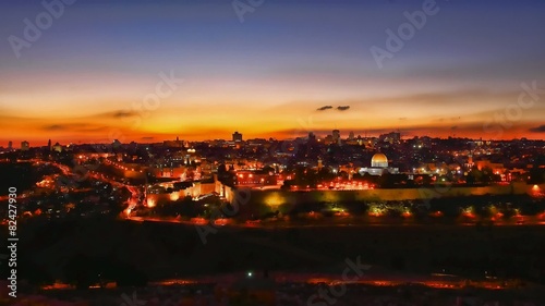 Skyline of Jerusalem, the Jewish Quarter at night time lapse