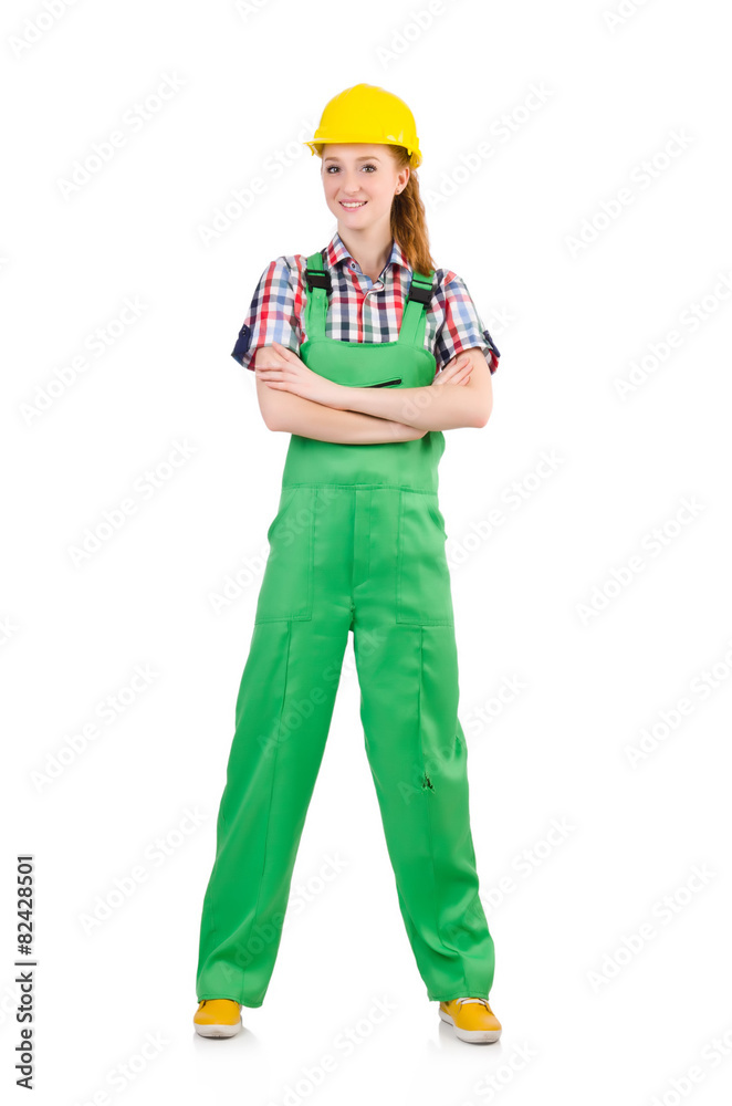 Female handyman in overalls isolated on white