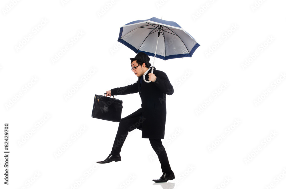 Young man holding suitcase and umbrella isolated on white Young man holding suitcase and umbrella isolated on white