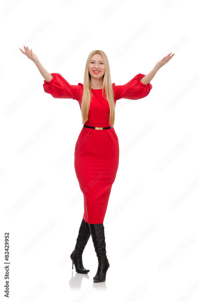 Beautiful woman in red long dress isolated on white