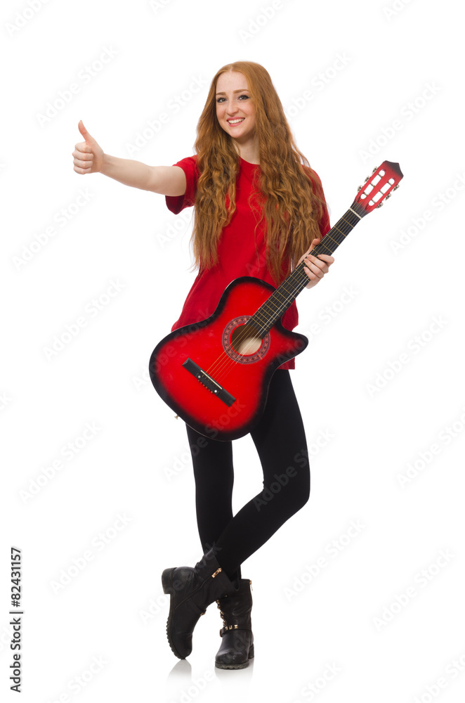 Pretty girl with guitar isolated on white