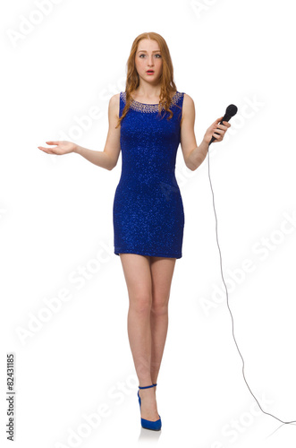 Pretty red hair girl in blue dress isolated on white